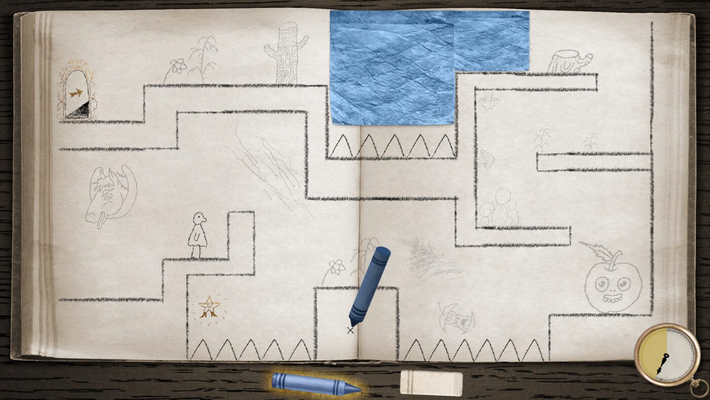 Linebound, hand-drawn sketchbook level with crayon reveal mechanic