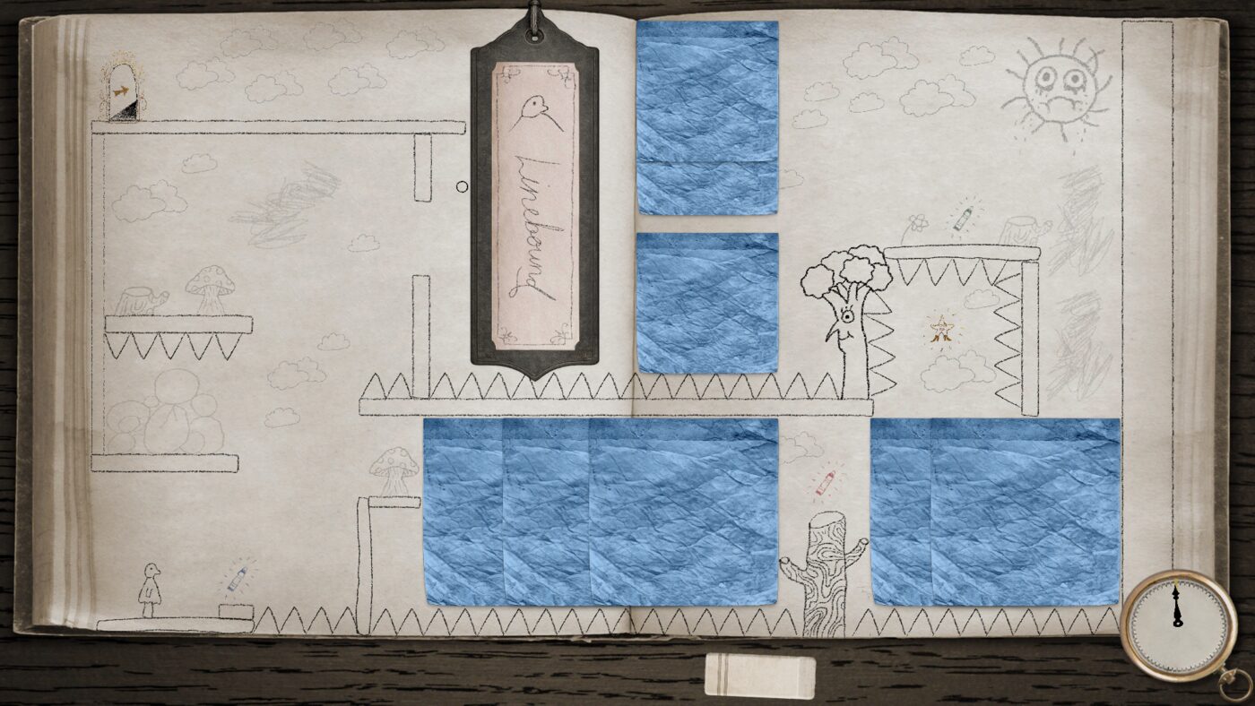 Linebound wide level overview, sketchbook art style