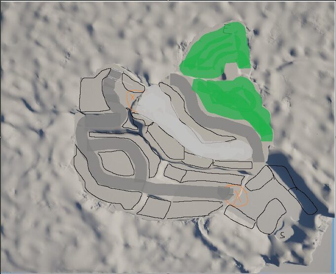 Veldra-9 layout overlay on terrain sculpt