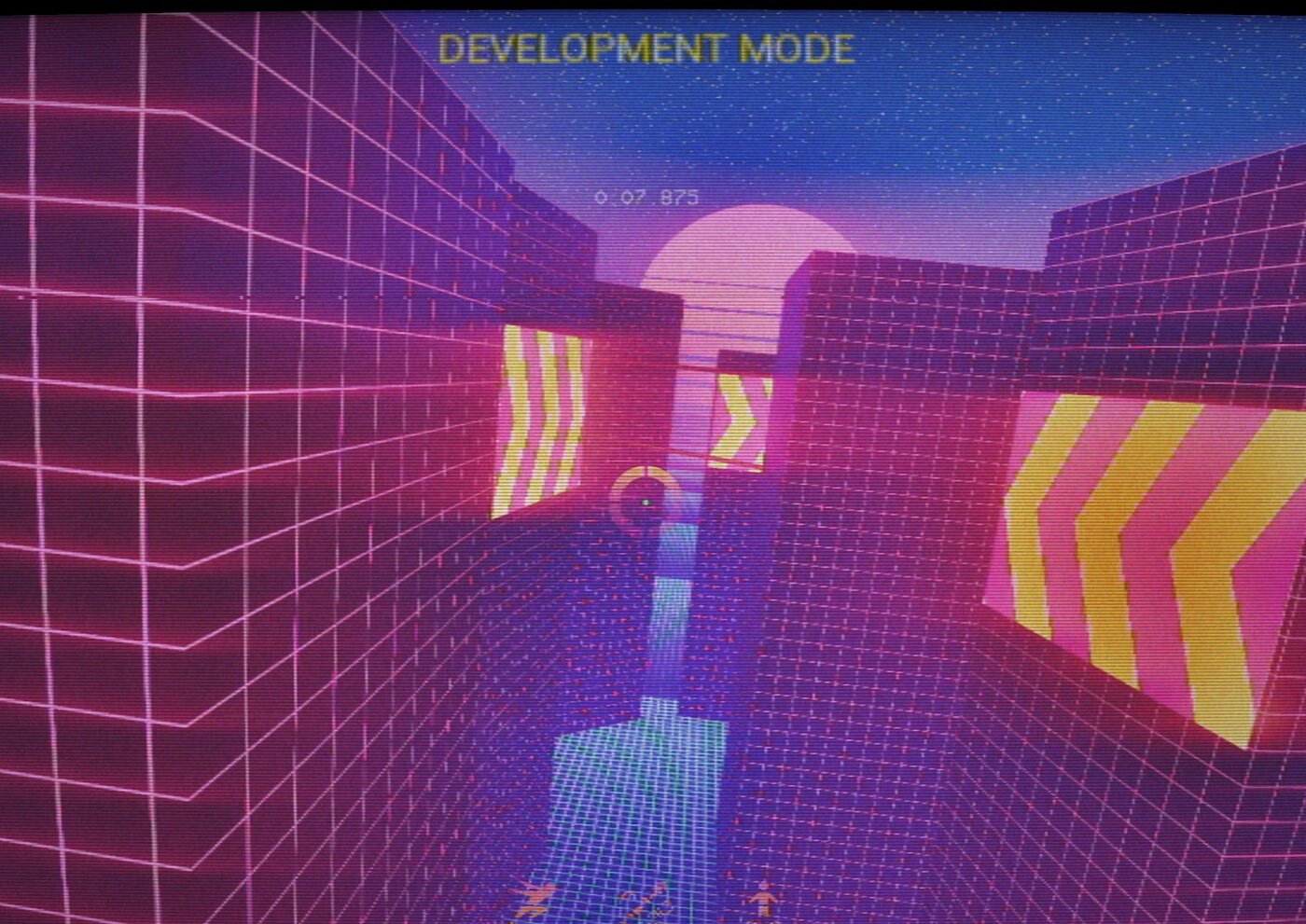 Ryft first-person gameplay, VHS-filtered synthwave corridor with speedzone and grapple reticle