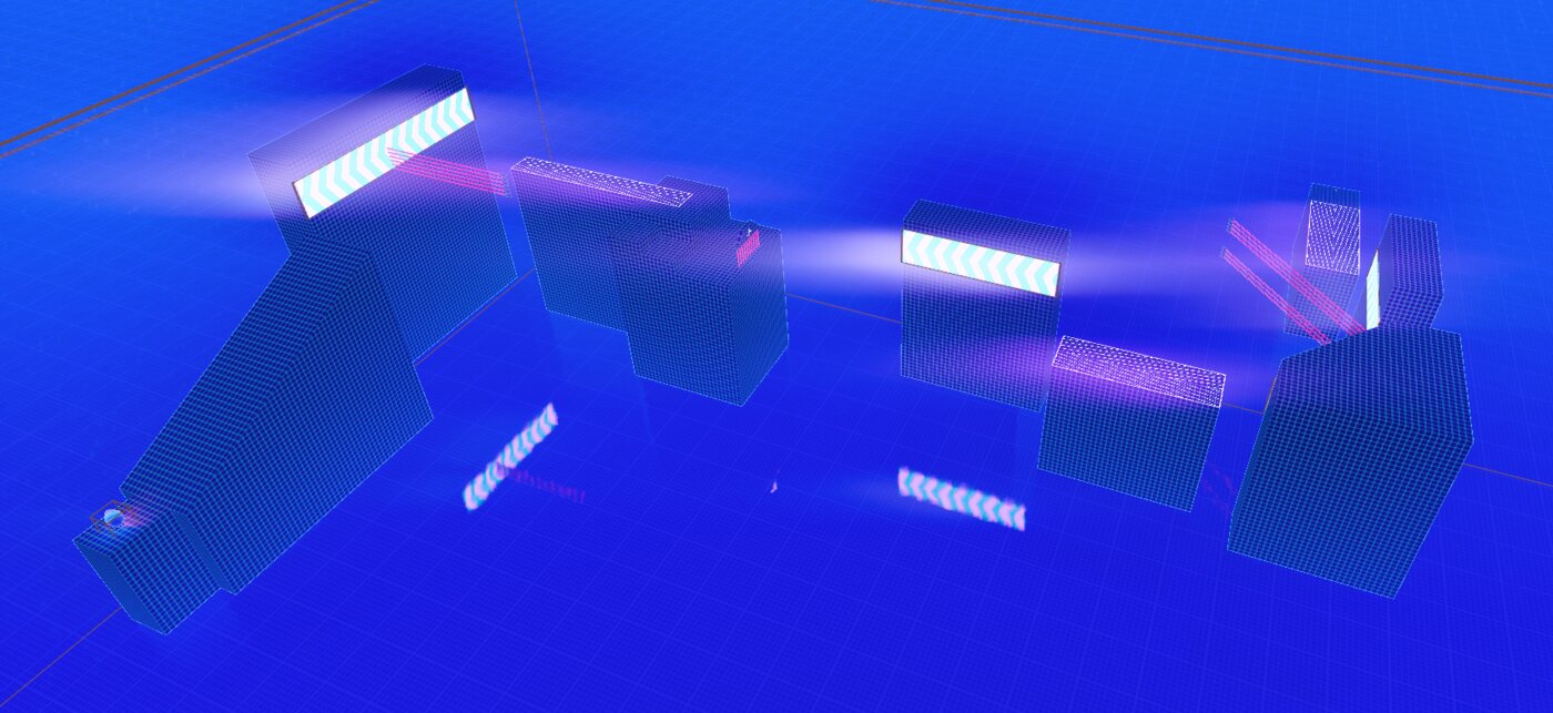 Greybox level with multiple grapple points linked by pink cable lines, wallrun bands on either side