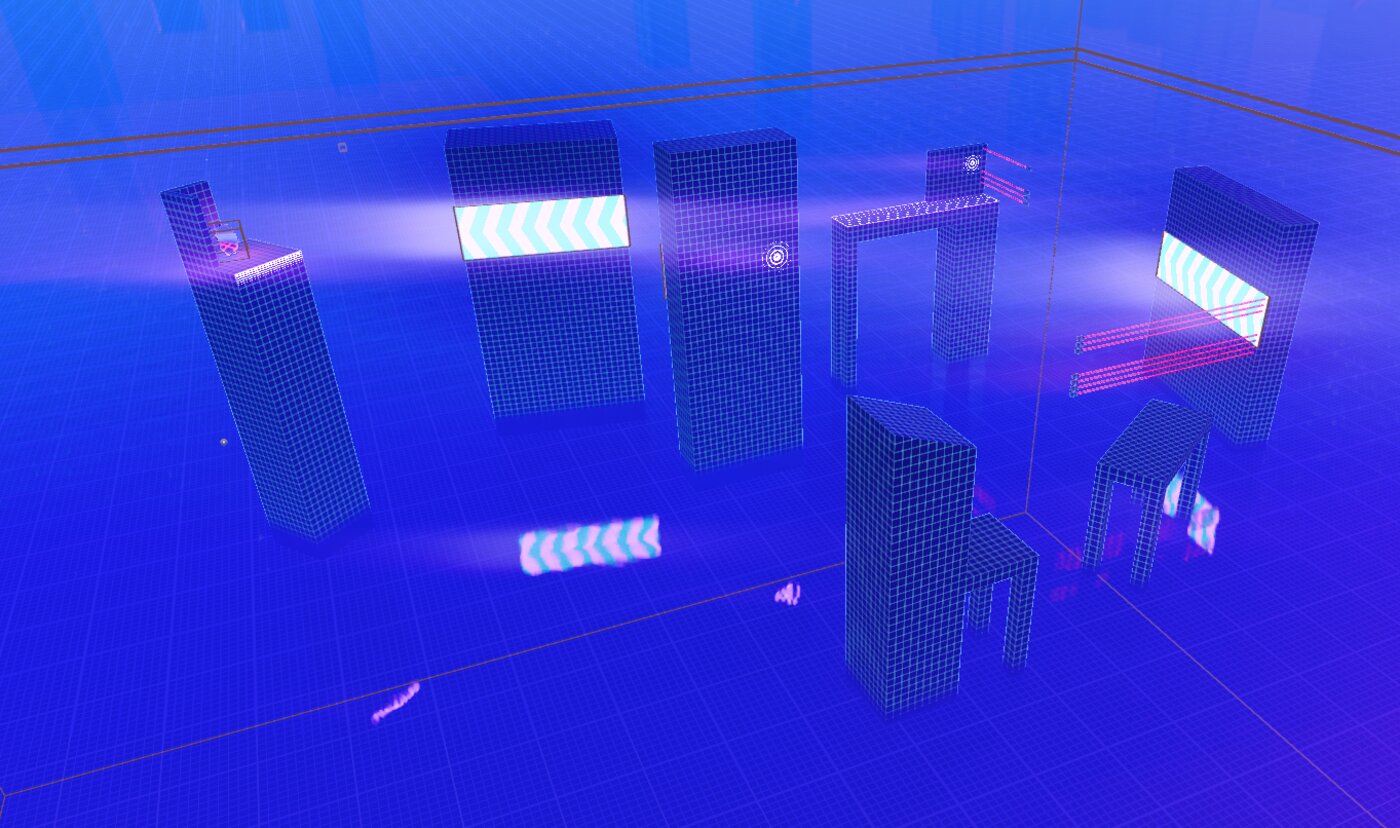 Ryft greybox layout of a larger level with wallrun surfaces, speedzones and grapple points