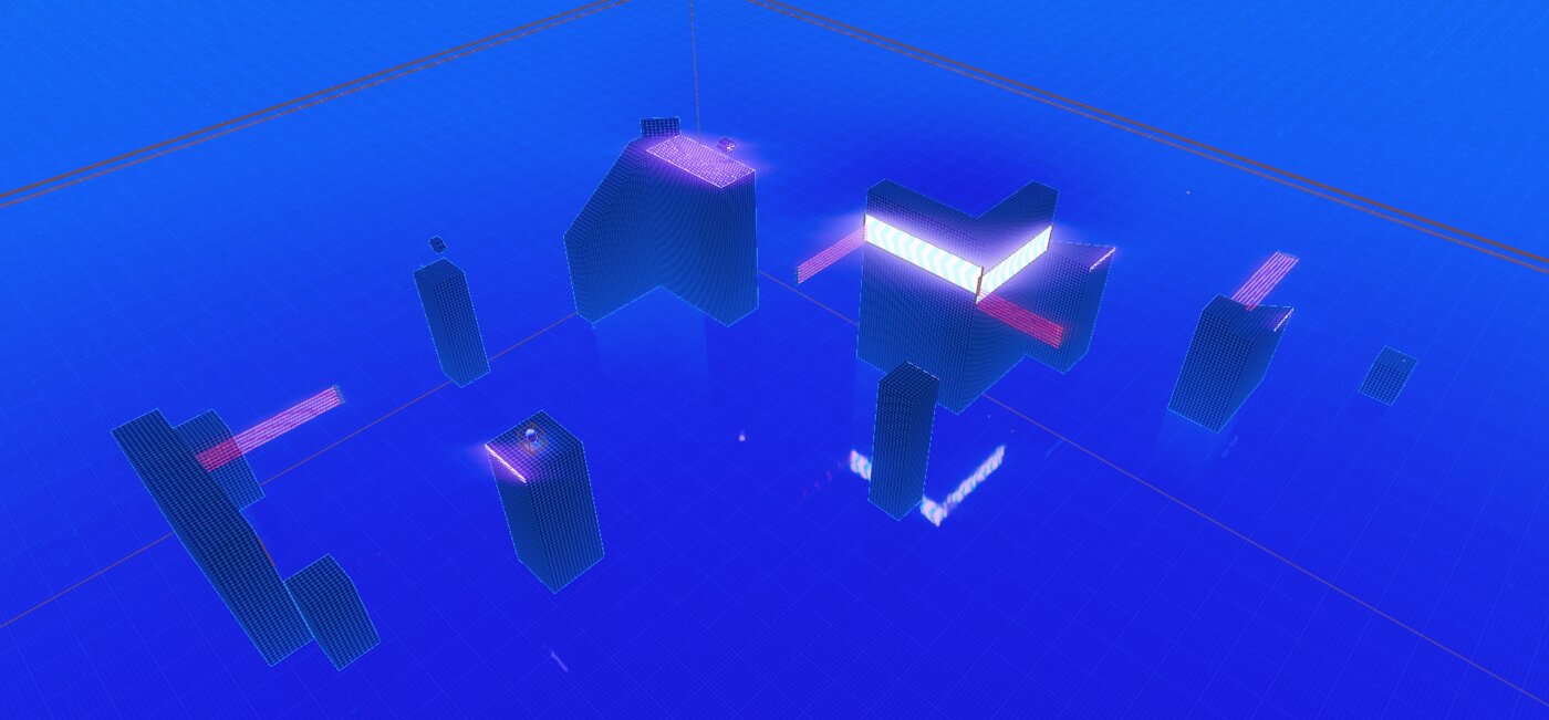 Greybox cluster of platforms with wallrun bands, grapple points and a speedzone trail